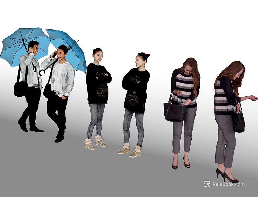 Group Of People In Different Outfits With Umbrellas And Bags 3d model 