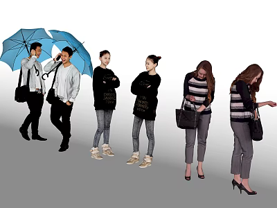 Group Of People In Different Outfits With Umbrellas And Bags 3d model