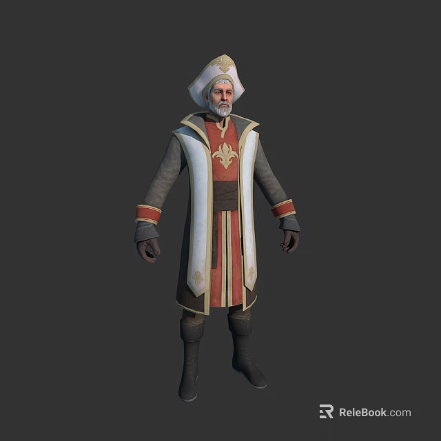 Wise Elder Character In Traditional White Turban With Red And Gold Embroidered Robe 3d model 
