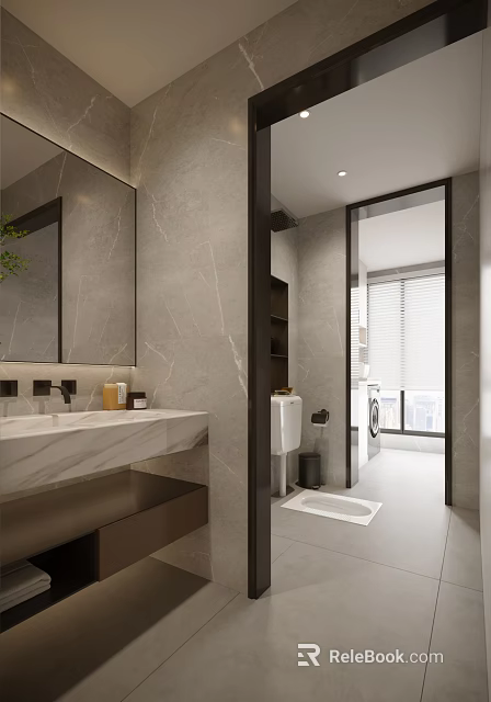 Modern Gray Bathroom Interior With Marble Vanity Mirror And Washing Machine 3d model 