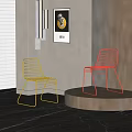 Modern Yellow And Red Metal Wire Dining Chairs On Pedestal With Gray Wall