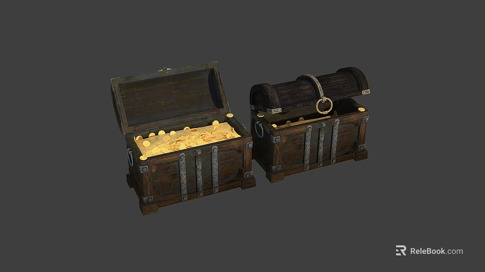 Wooden Treasure Chests with Metal Accents Open and Closed Containing Gold Coins 3d model 