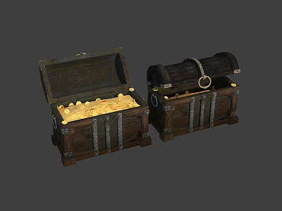 Wooden Treasure Chests with Metal Accents Open and Closed Containing Gold Coins 3d model