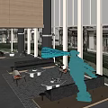 Modern Sales Office Interior With Black Sofa Blue Sculpture Outdoor View Glass Windows And Chairs