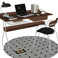 Wooden Desk with Laptop Black Lamp Books Mug Mouse Black Chair and Round Monochrome Rug