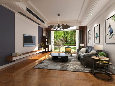 Modern Living Room Interior With TV Wall Sofa Coffee Table And Greenery View 3d model
