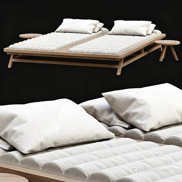 Modern Wooden Lounge Chair With Striped Mattresses White Pillows And Side Table 3d model 