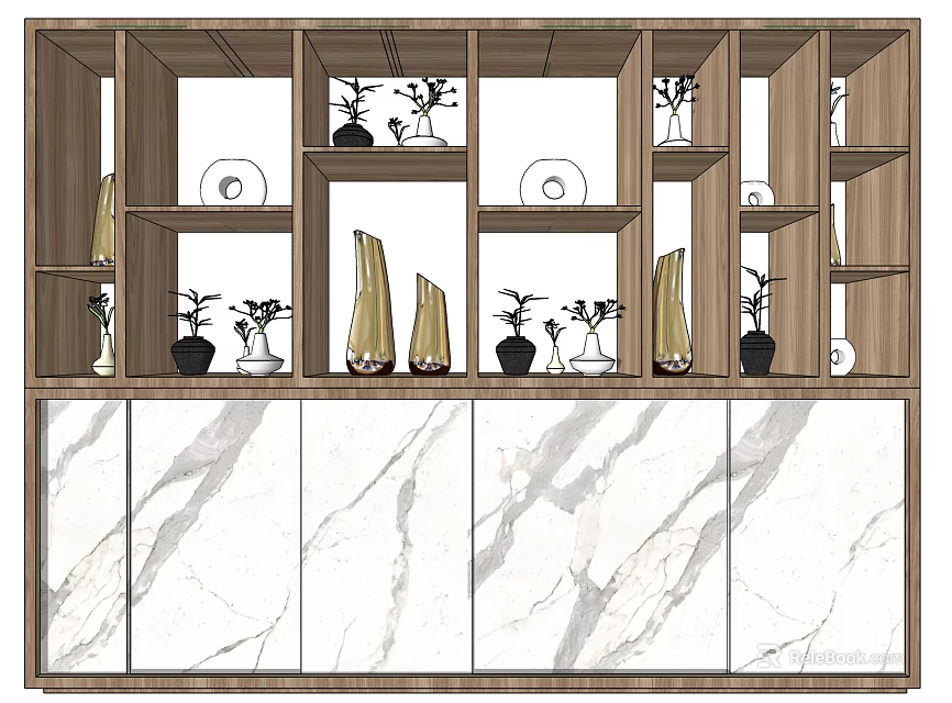 Modern Wooden Display Shelf Unit with Marble Doors Multiple Compartments and Decorative Plants 3d model 