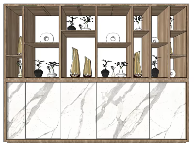 Modern Wooden Display Shelf Unit with Marble Doors Multiple Compartments and Decorative Plants 3d model
