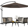 Outdoor Wicker Table And Chairs Set With Large Umbrella Coffee Table With Fruits And Vase