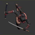 Woman in red black outfit holding two swords with dark hair in dynamic fighting stance