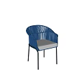 Modern Blue Rattan Dining Chair With Armrests White Cushion And Black Metal Legs
