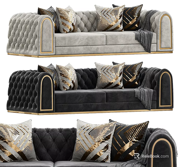 Luxurious Modern Two Seater Sofa With Velvet Upholstery Golden Accents And Decorative Pillows 3d model 