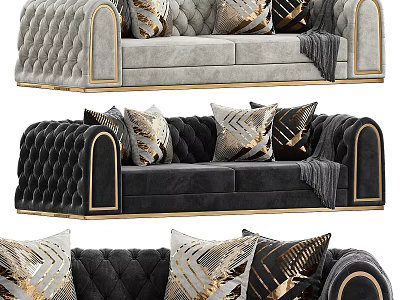 Luxurious Modern Two Seater Sofa With Velvet Upholstery Golden Accents And Decorative Pillows 3d model