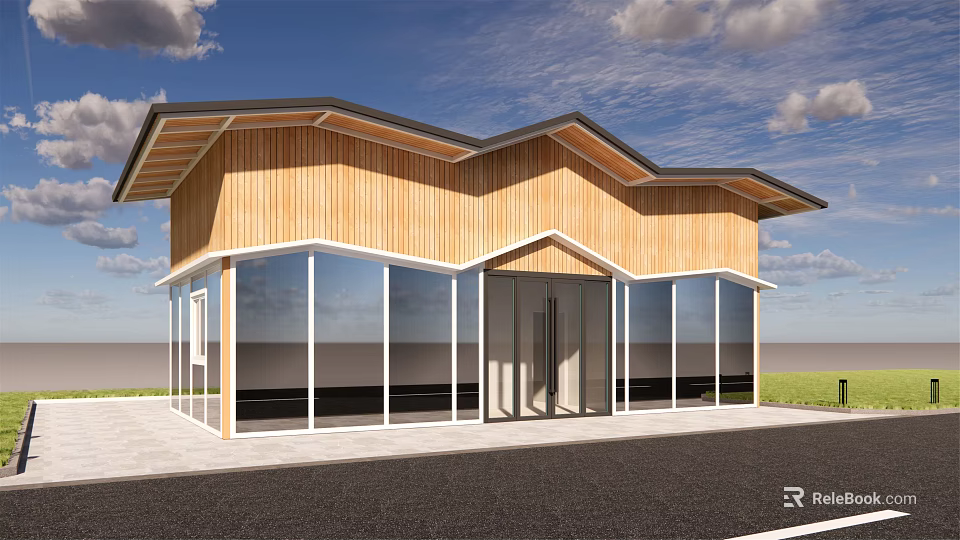 Modern Wooden Building With Wavy Roof And Large Glass Windows In Scenic Surroundings 3d model 