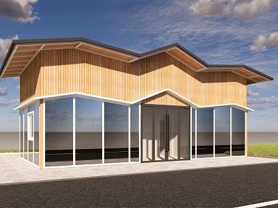 Modern Wooden Building With Wavy Roof And Large Glass Windows In Scenic Surroundings 3d model