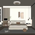 Modern Minimalist Bedroom Interior With Neutral Tones Platform Bed Abstract Painting And Pendant Lights