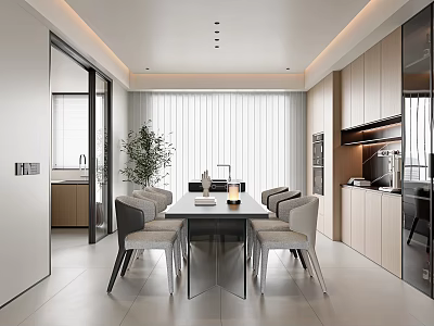 Modern Restaurant Dining Room Interior With Sleek Table Beige Chairs And Potted Plant 3d model