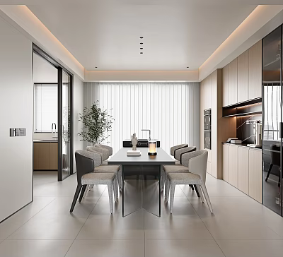 Modern Restaurant Dining Room Interior With Sleek Table Beige Chairs And Potted Plant 3d model
