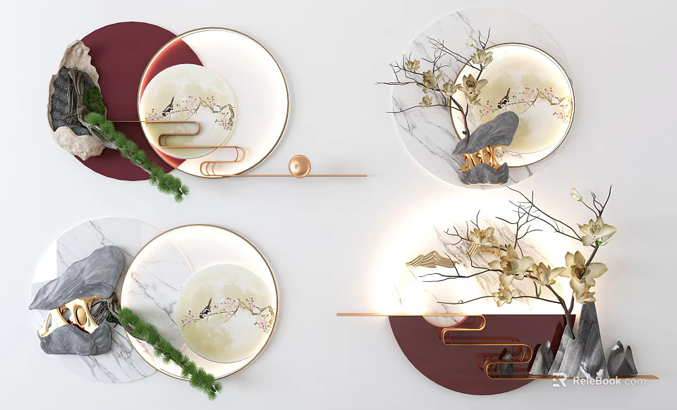 Elegant Circular Wall Decor With Marble Texture Golden Branch Moon Pattern And Red Accents 3d model