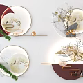 Elegant Circular Wall Decor With Marble Texture Golden Branch Moon Pattern And Red Accents 3d model
