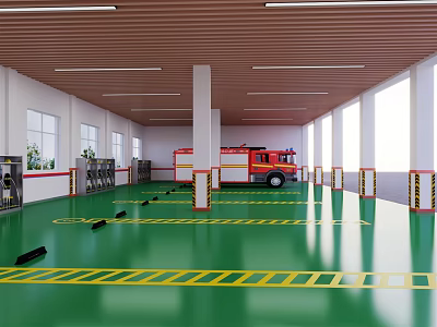 Parking Lot With Green Floor Yellow Warning Lines Red Fire Truck White Columns And Windows 3d model