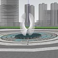 Park Landscape With Circular Fountain White Sculpture Pink Flowering Trees People Enjoying City Skyline