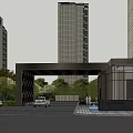 Hotel Building With Glass Facade Overlooking Garden Lawn And Trees