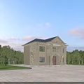 Two Story Detached Villa With Blue Roof Beige Exterior Porch Steps Front Lawn And Trees
