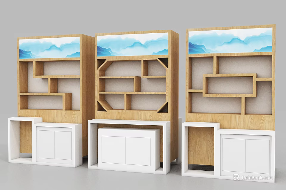 Wooden Display Shelves with Blue Mountain Pattern and White Cabinets Three in a Row 3d model 