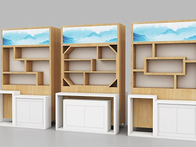 Wooden Display Shelves with Blue Mountain Pattern and White Cabinets Three in a Row 3d model