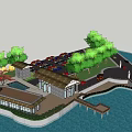 Scenic Waterfront Building Area With Green Trees Roads And Parked Cars