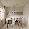 Light Colored Modern Kitchen Interior With Island Counter Dining Table And Pendant Light