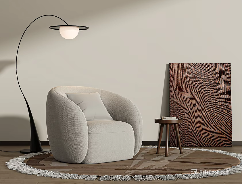 Modern Single Sofa with Floor Lamp Small Side Table Decorative Artwork and Round Rug 3d model