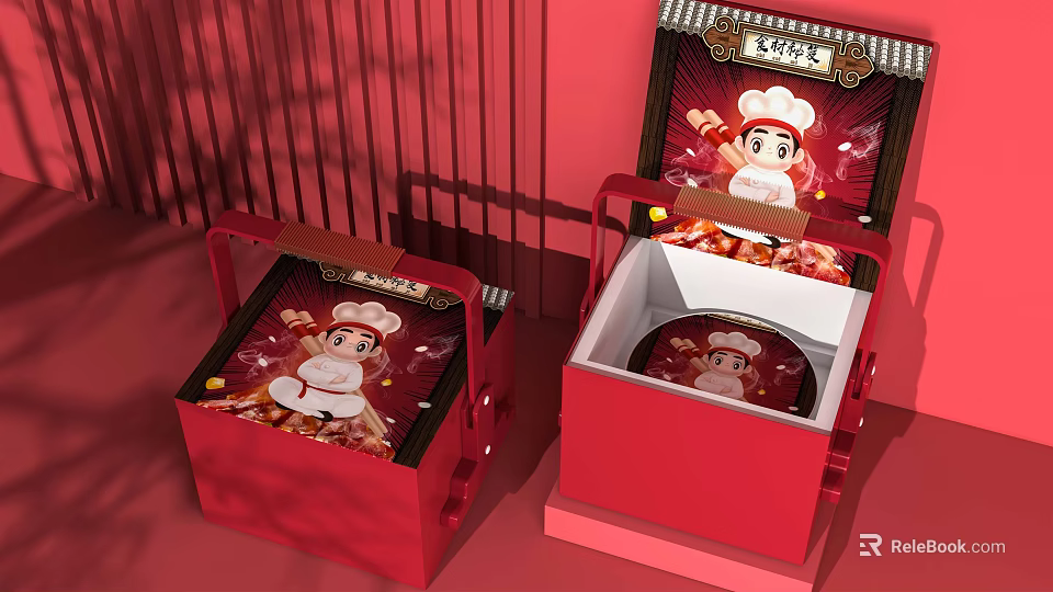 Red Cartoon Style Decorative Ornament Set With Open Boxes Chef Patterns And Round Interior Decorations 3d model