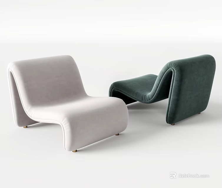 Modern Curved Leisure Accent Chairs In Light Gray And Dark Green Velvet Upholstery 3d model 