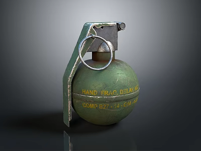 Vintage Military Hand Grenade With Green Body Yellow Text And Metal Pull Ring 3d model