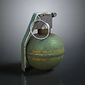 Vintage Military Hand Grenade With Green Body Yellow Text And Metal Pull Ring