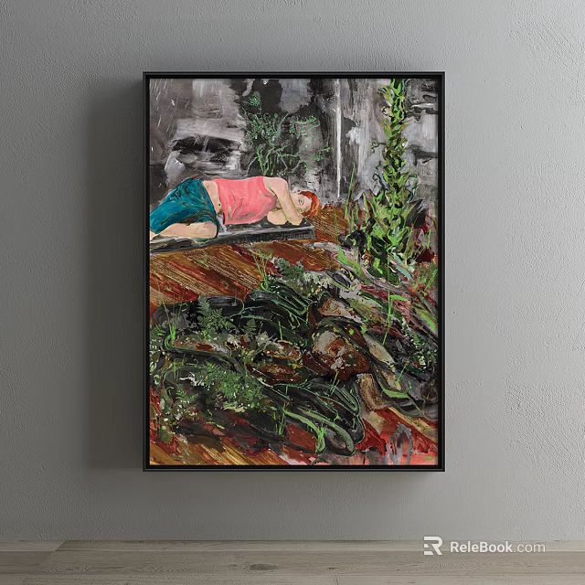 Expressive Figure Painting With Lying Person In Pink Top Blue Pants And Green Plants 3d model 
