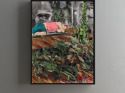 Expressive Figure Painting With Lying Person In Pink Top Blue Pants And Green Plants 3d model