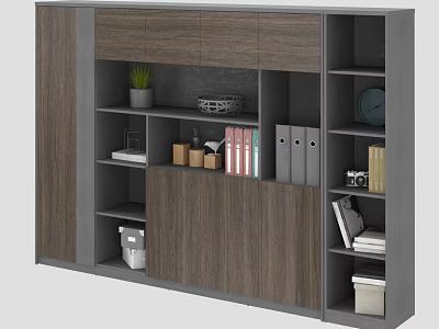 Modern Wooden Gray Bookcase With Shelves Books Folders Decorative Plant Clock And Storage 3d model