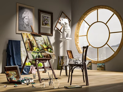 Musical Instruments and Art Supplies in Bright Studio with Easel Paintings Brushes and Sculpture 3d model