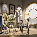 Musical Instruments and Art Supplies in Bright Studio with Easel Paintings Brushes and Sculpture