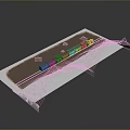 Model Train Traveling on Curved Tracks Over Brown Terrain Landscape