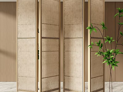 Elegant Beige Folding Screen with Wooden Frame and Green Plant in Modern Interior 3d model