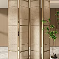 Elegant Beige Folding Screen with Wooden Frame and Green Plant in Modern Interior