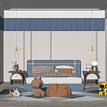 Blue Kids Room Interior With Bed Bedside Tables Stuffed Toys And Soft Rug