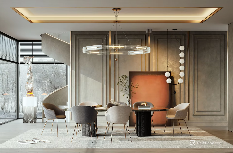 Modern Elegant Restaurant Interior With Circular Pendant Light Dining Table And Chairs 3d model