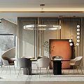 Modern Elegant Restaurant Interior With Circular Pendant Light Dining Table And Chairs 3d model