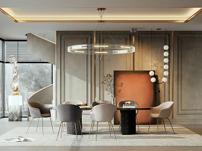 Modern Elegant Restaurant Interior With Circular Pendant Light Dining Table And Chairs 3d model
